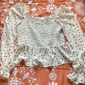 White Heart Print Smocked Top